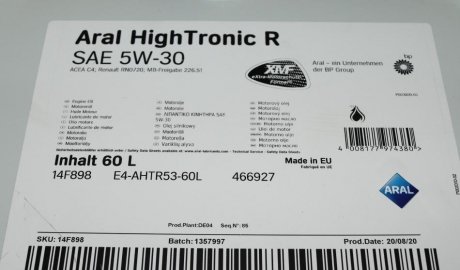 AR-14F898 ARAL Масло моторное High Tronic R SAE 5W30 (60 Liter) ARAL AR-14F898