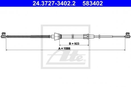 24372734022 ATE Трос ручника Skoda Fabia/VW Polo/Seat Ibiza 08- (L=1588mm) ATE 24.3727-3402.2