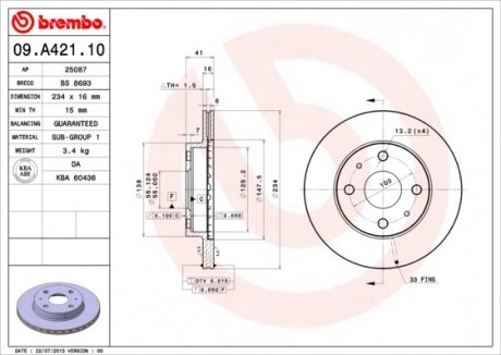 09.A421.10 BREMBO Гальмівний диск