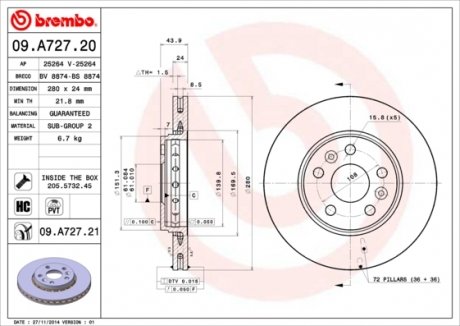 09.A727.21 BREMBO Гальмівний диск