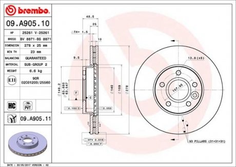 09.A905.11 BREMBO Тормозной диск