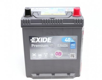 EA406 EXIDE Стартерна батарея EXIDE PREMIUM EA406 (Азиатский тип корпуса) JR+ 40Ah 350А (En)