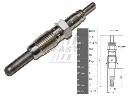 FT82728 FAST Свеча накаливания Fiat Doblo/Punto 1,9D 99- (11V, M12*1,2)