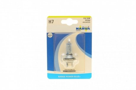 486384000 NARVA Автолампа H7 12V 55W PX26d Range Power Blue+ (3700K) (блістер/1шт) NARVA 486384000