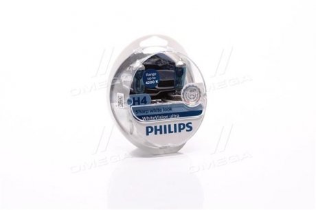 12342WVUSM PHILIPS Лампа розжарювання H4 12V 60/55W WhiteVision ULTRA +60 (4200K) (компл) (вир-во Philips)